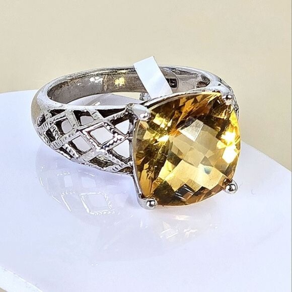 925 Sterling Silver Ring Sz 7 with Natural Cusion-Cut Citrine 11x11mm Gemstone - Picture 3 of 8